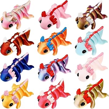 12Pcs 3D Printed Axolotl, Flexible Articulating Fidget Toys for Adults, Sensory Stimulation Salamander Figurines for Desk Decor, Display Collection