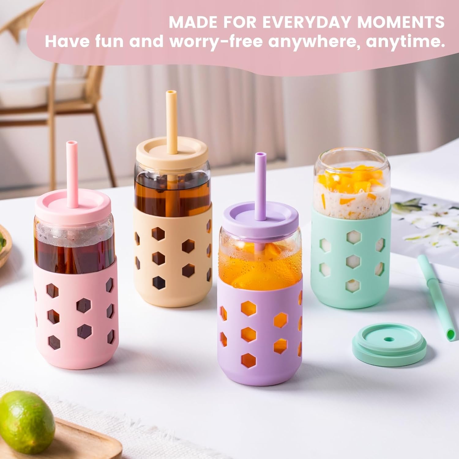 Glass Cups with Lids and Straws (4 Pcs), 16oz Drinking Glasses Set with Silicone Sleeves for Coffee Bar Accessories Iced Coffee Cups with Lids, Glass Tumbler Reusable for Gifts - Image 9