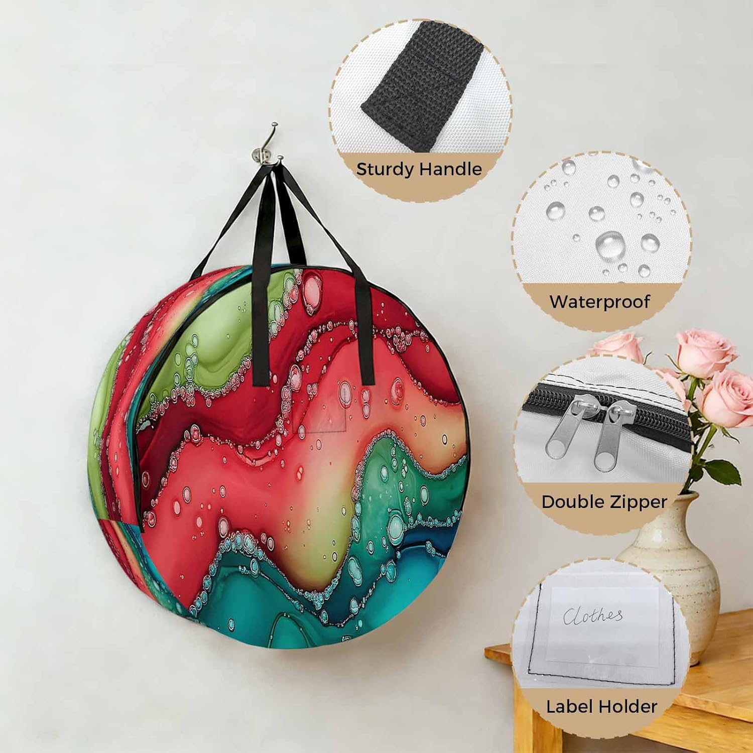 Watercolors Red Blue Green Round Storage Bag 36 Inch, Modern Art Clothes Storage Container with Handles Heavy Duty Organizer for Comforter, Bedding & Holiday Wreaths
