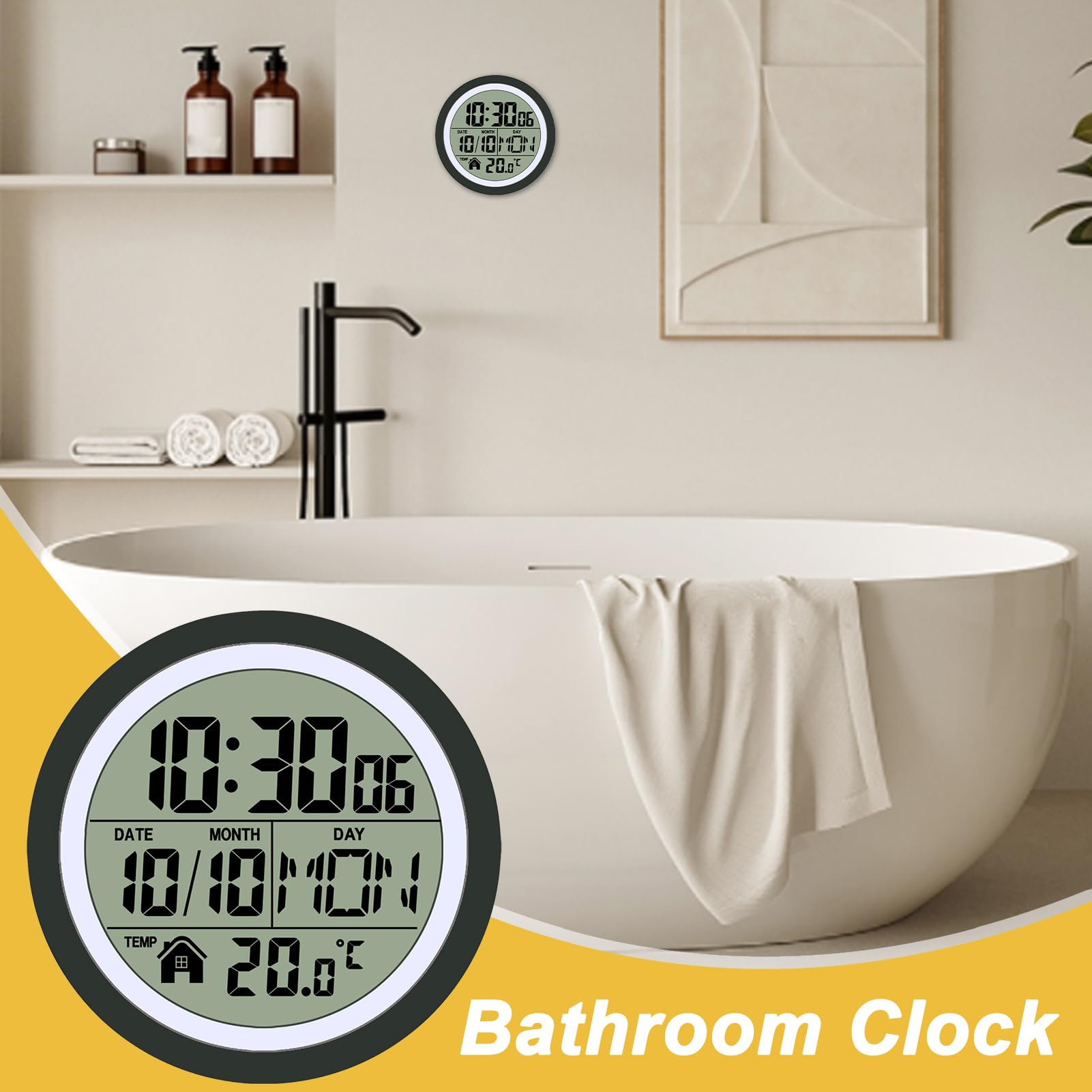 Orologio da Parete per Bagno Display LCD Con Temperatura E Data,