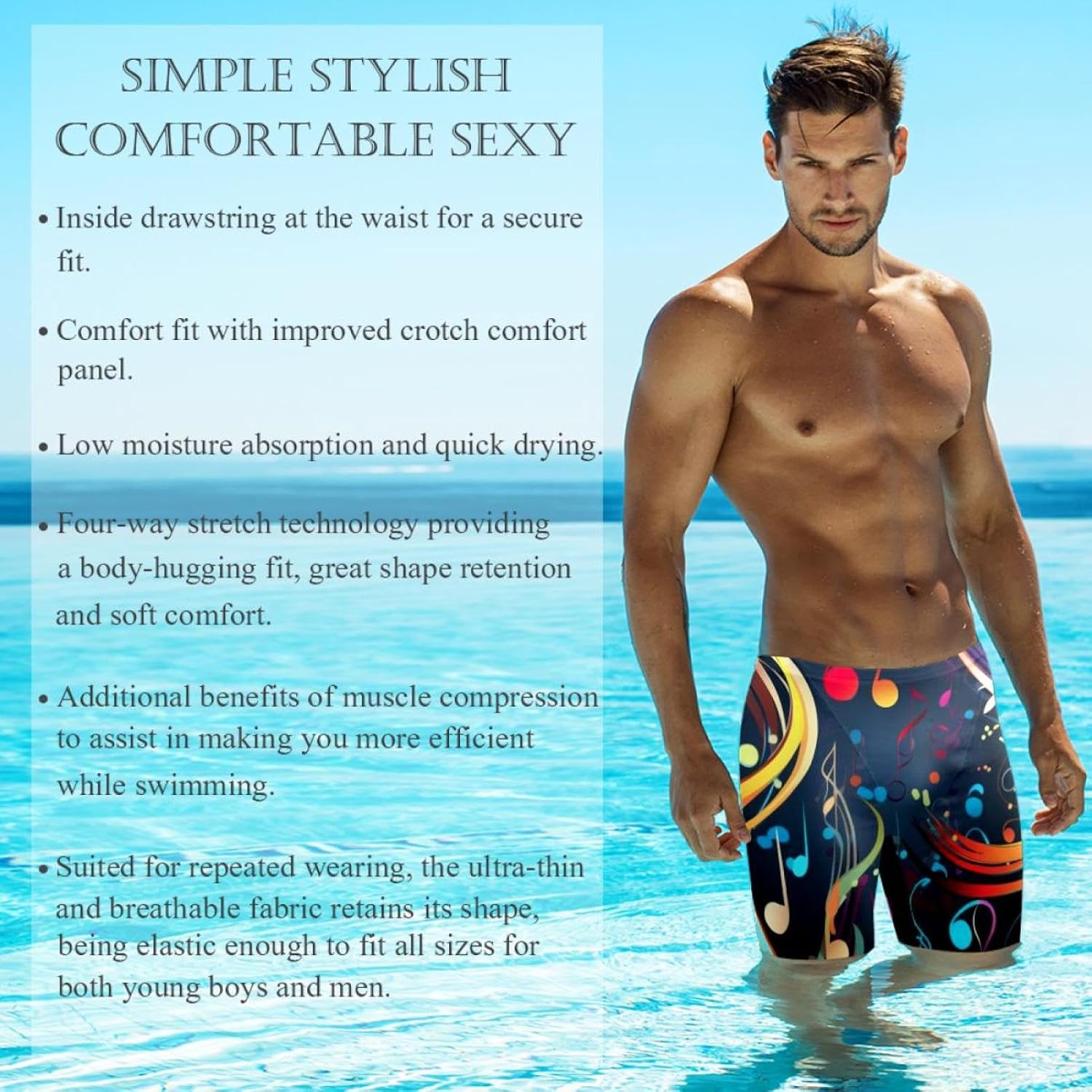 Colorful Music Notes Swimsuit Mens Swim Jammers Endurance Long Racing Training Swimsuit