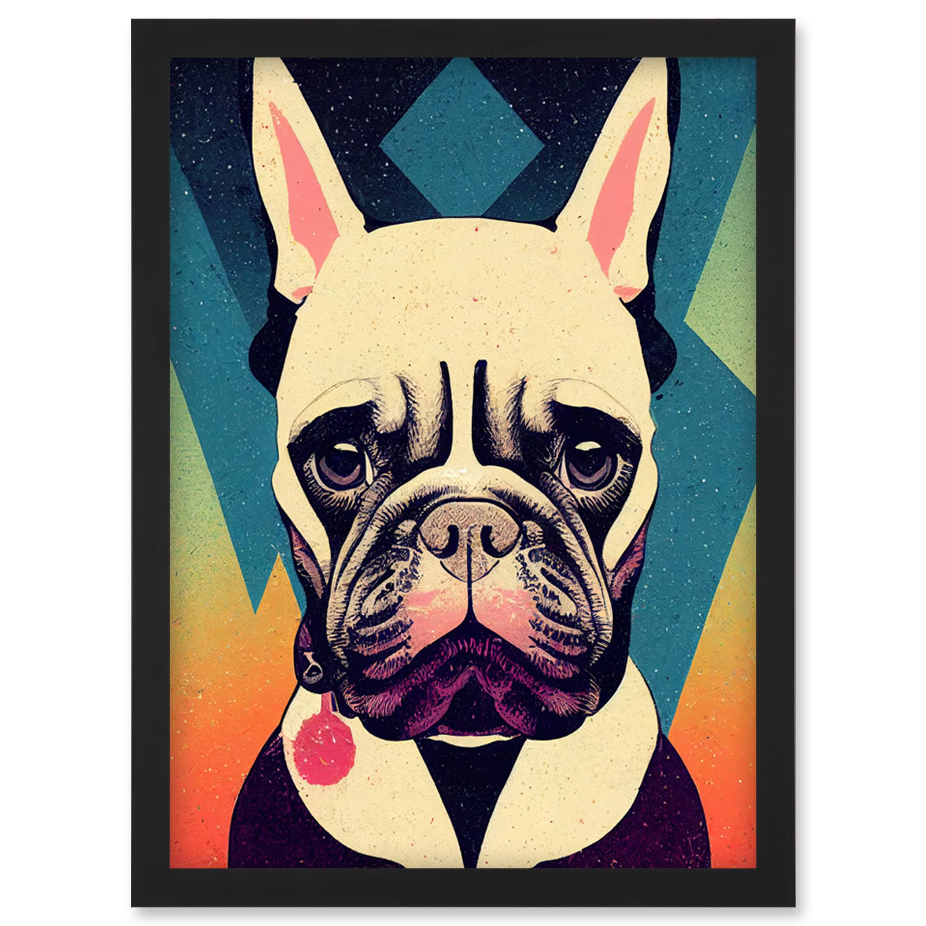 Wee Blue Coo French Bulldog Portrait Geometric Pastel Modern Illustration Artwork Framed Wall Art Print A4