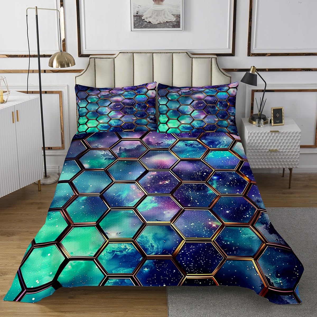 Abstract Honeycomb Coverlet Set Queen Size,Glitter Stars Galaxy Outer Space Durable Bedspread for Girls Teens,Geometric Hexagon Green Blue Nebula Soft Polyester Quilt Set, with 2 Pillowcases