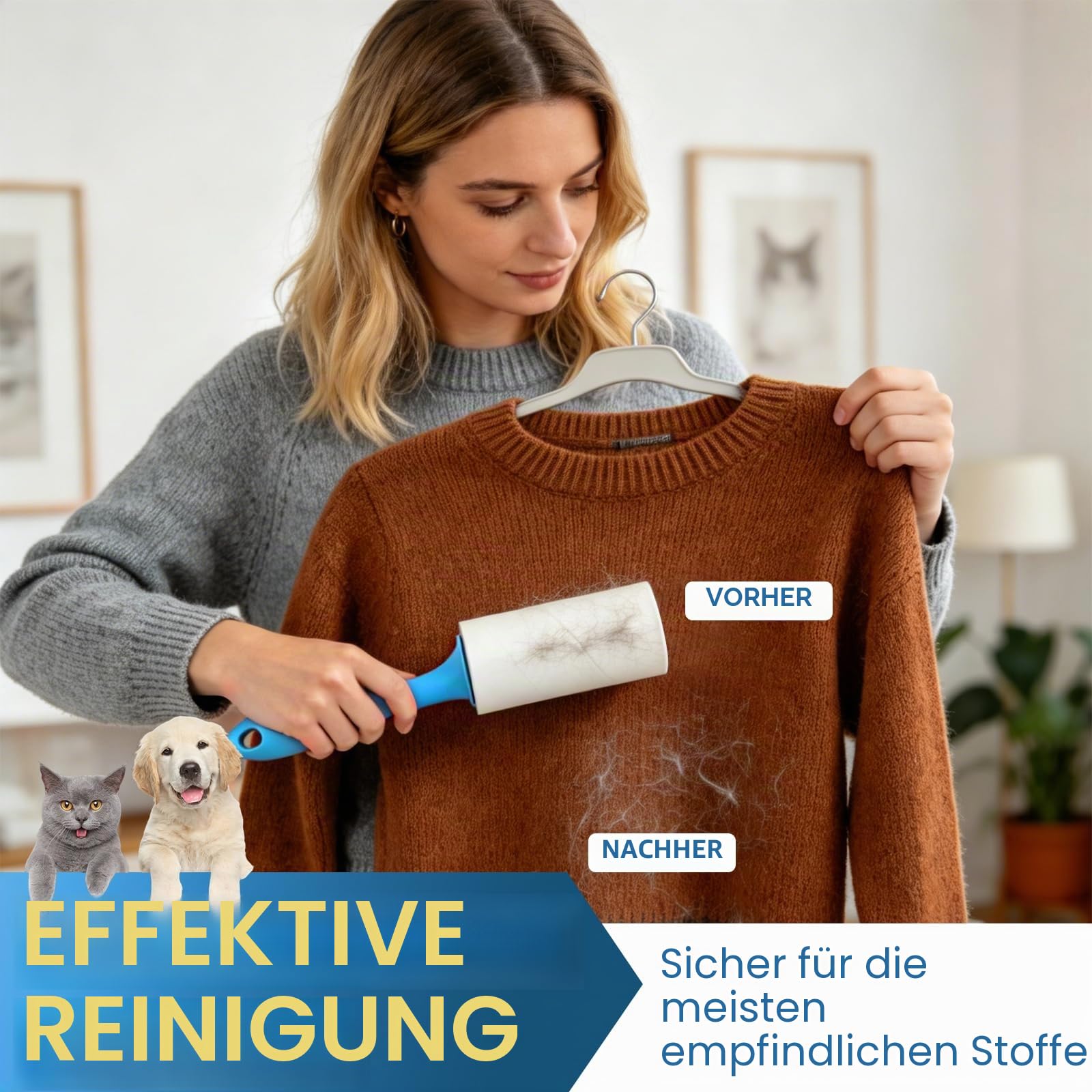 1440 Blatt Fusselrolle Tierhaare,12 Rollen Extra Stark Fusselroller Kleidung mit 2 Griffen,Starke Klebewirkung,Entferner Katzen Hundehaare,Fusselrolle Tierhaare