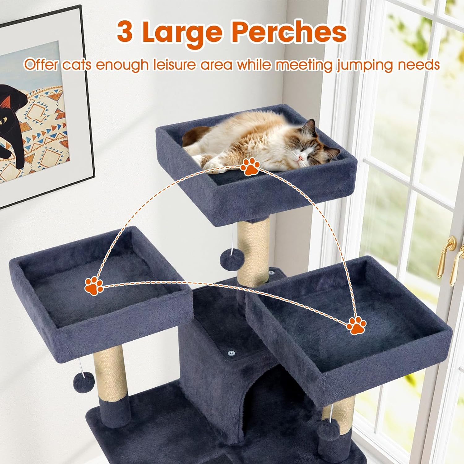PETSITE Multi-Level Cat Tree, 65 Inches Tall with Sisal Scratching Posts, Condos, Rotatable Cat Basket, Dangling Balls, and Sisal Ladder, Ideal for Indoor Cats to Play and Rest (Dark Grey)