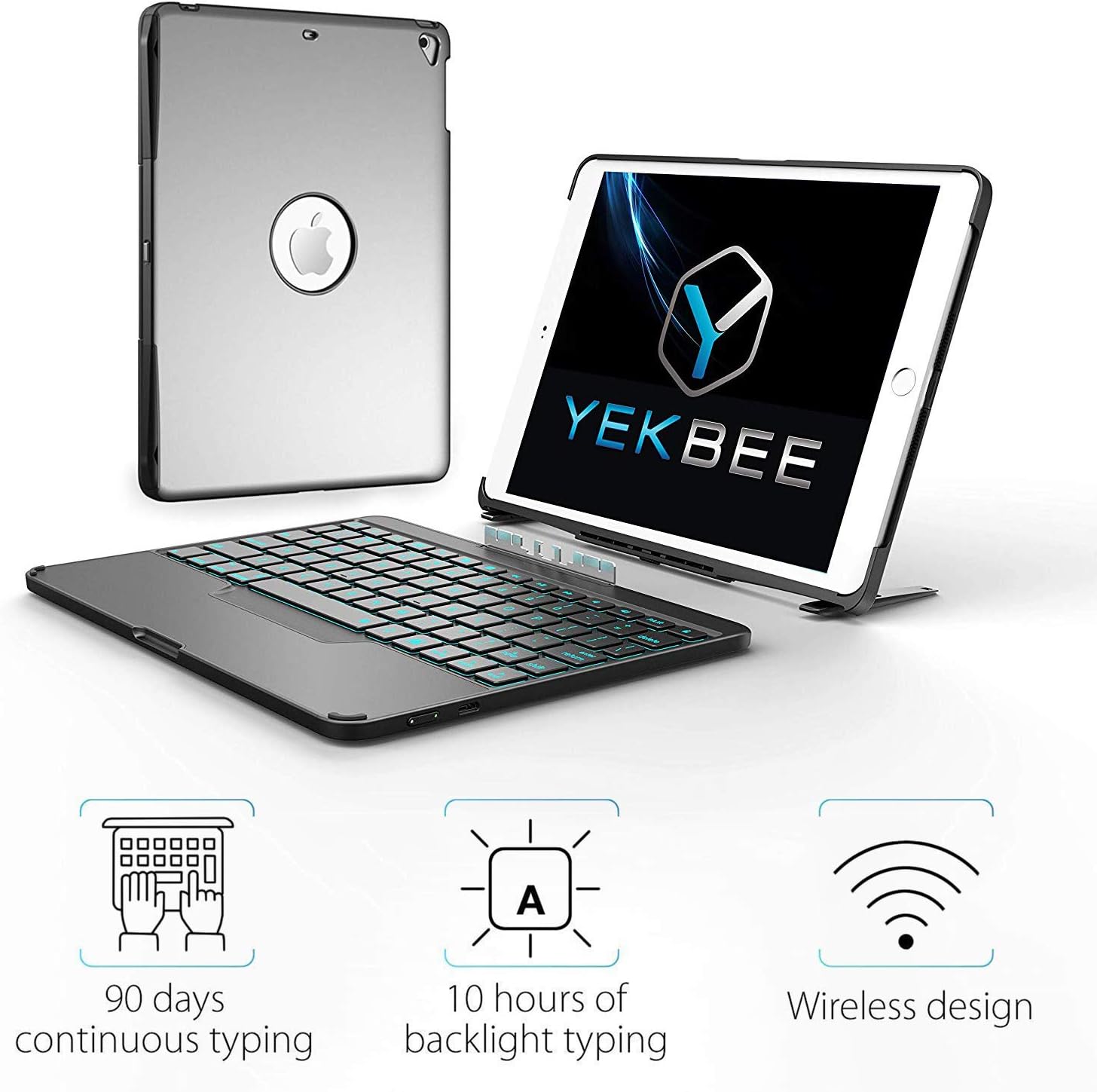 iPad Keyboard Case for iPad 2018 (6th Gen) - iPad 2017 (5th Gen) - iPad Pro 9.7 - iPad Air 2 & 1 - Thin & Light - Detachable - Aluminum - Wireless/BT - Backlit 7 Color - YEKBEE Modbook (Space Gray)