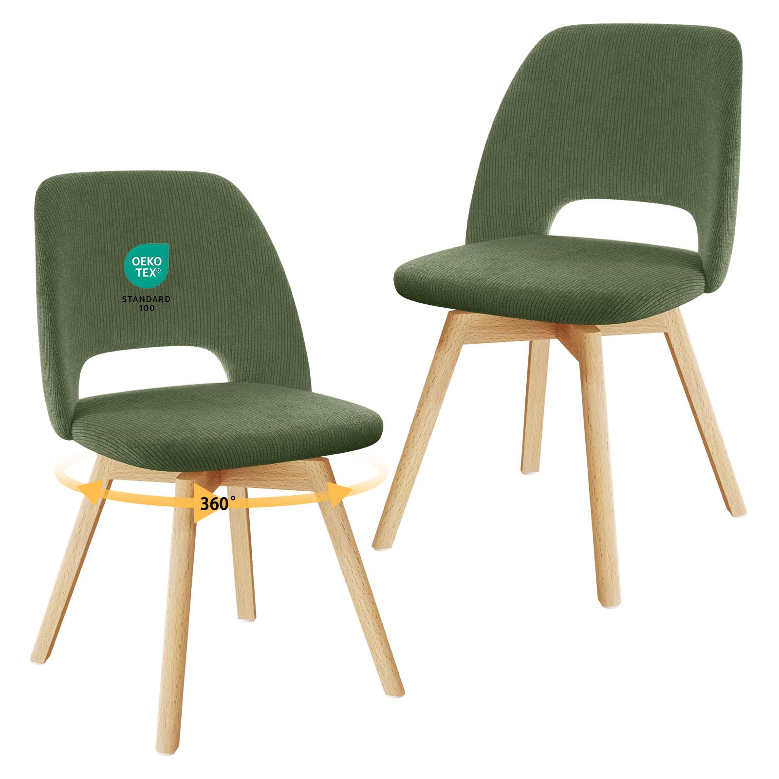 JIJIAN Juego de 2 Sillas de Comedor Giratorias 360° con Patas de Haya | Silla Acolchada Ergonómica, para Salón, Cocina, Dormitorio y Estudio, Verde