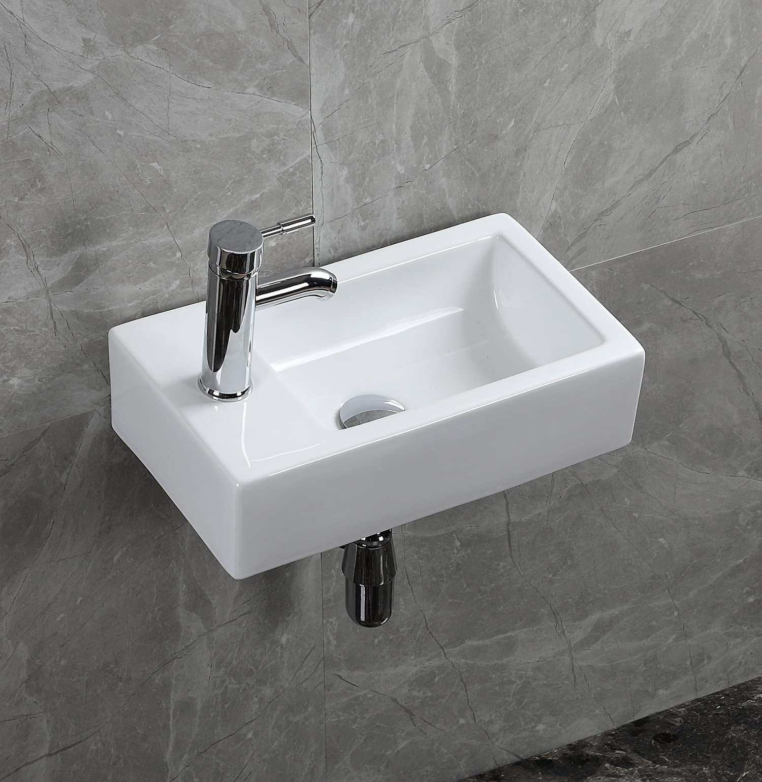 Lavello da parete rettangolare aggiornato con sifone per rifiuti Vaso in ceramica calcinazione ad alta temperatura Design bianco lucido Facile da installare e pulire per WC WC (sinistra)