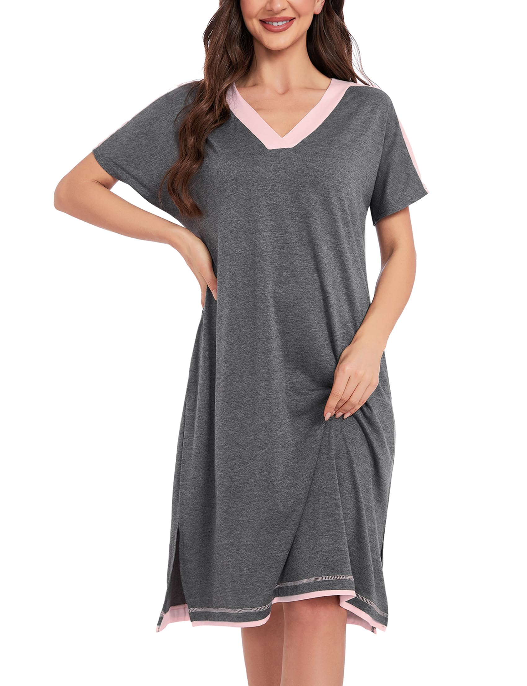 iClosam Camisones de Mujer Manga Corta Cuello en V Camisón con Bolsillos Vestido Elegante Ropa de Dormir Suave y Cómodo S-XXL