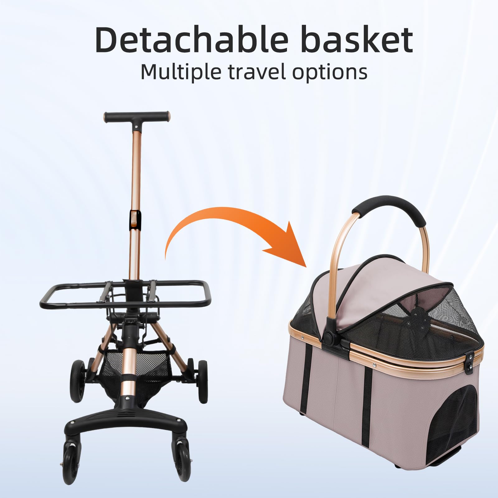 Poussette 3-en-1 Pliable pour Chien et Chat, avec Panier de Rangement, Rose | Avec Panier Détachable et Sac de Transport | 4 Roues 360° avec Laisse de Sécurité | Charge jusqu‘à 20 kg | 92x56x33cm