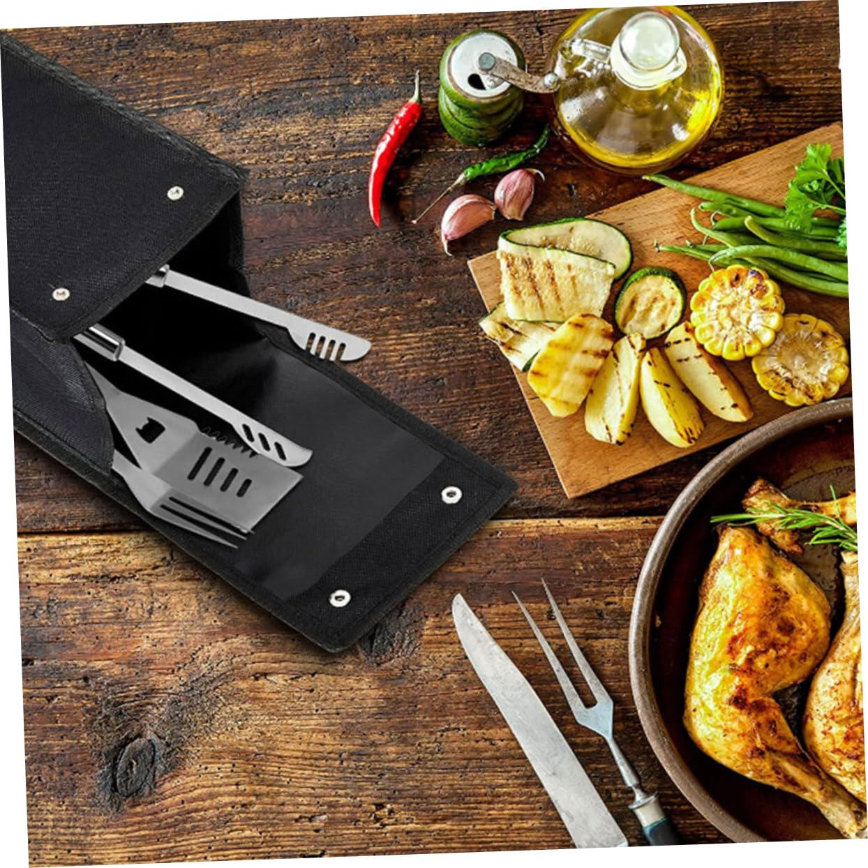Kisangel 5 Pezzi custodia per barbecue portatile borsa kit campeggio buste con coperchio per organizzare deposito di utensili per grill portaoggetti per utensili Tessuto Oxford 600d Nero