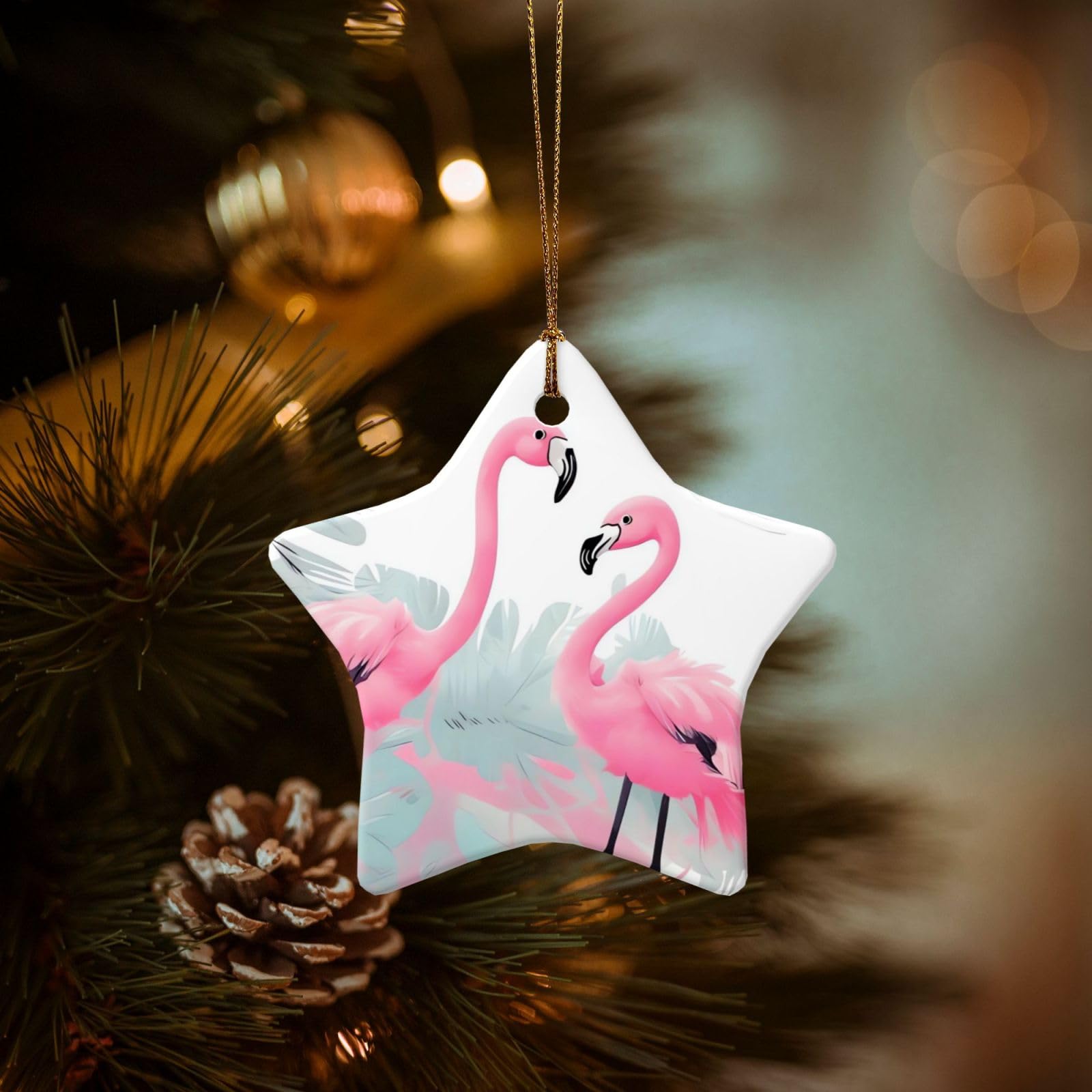 Christmas Ornaments for Christmas Tree Decoration Hanging Love Flamingo Ornament with Gold Ribbon Crafts Star Shape Ceramic Pendant for Keepsake Gifts Xmas Decor Party Supplies