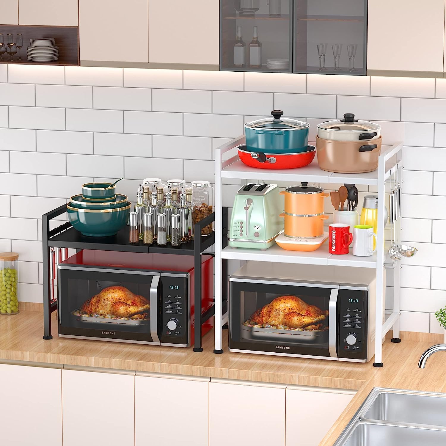 Mensola Microonde Estensibile, 2 Livelli Regolabile Scaffale, Acciaio Carbonio Ripiano Contatore Cucina Organizzatore 6 Ganci, Carico Pesante 60lbs (Nero)