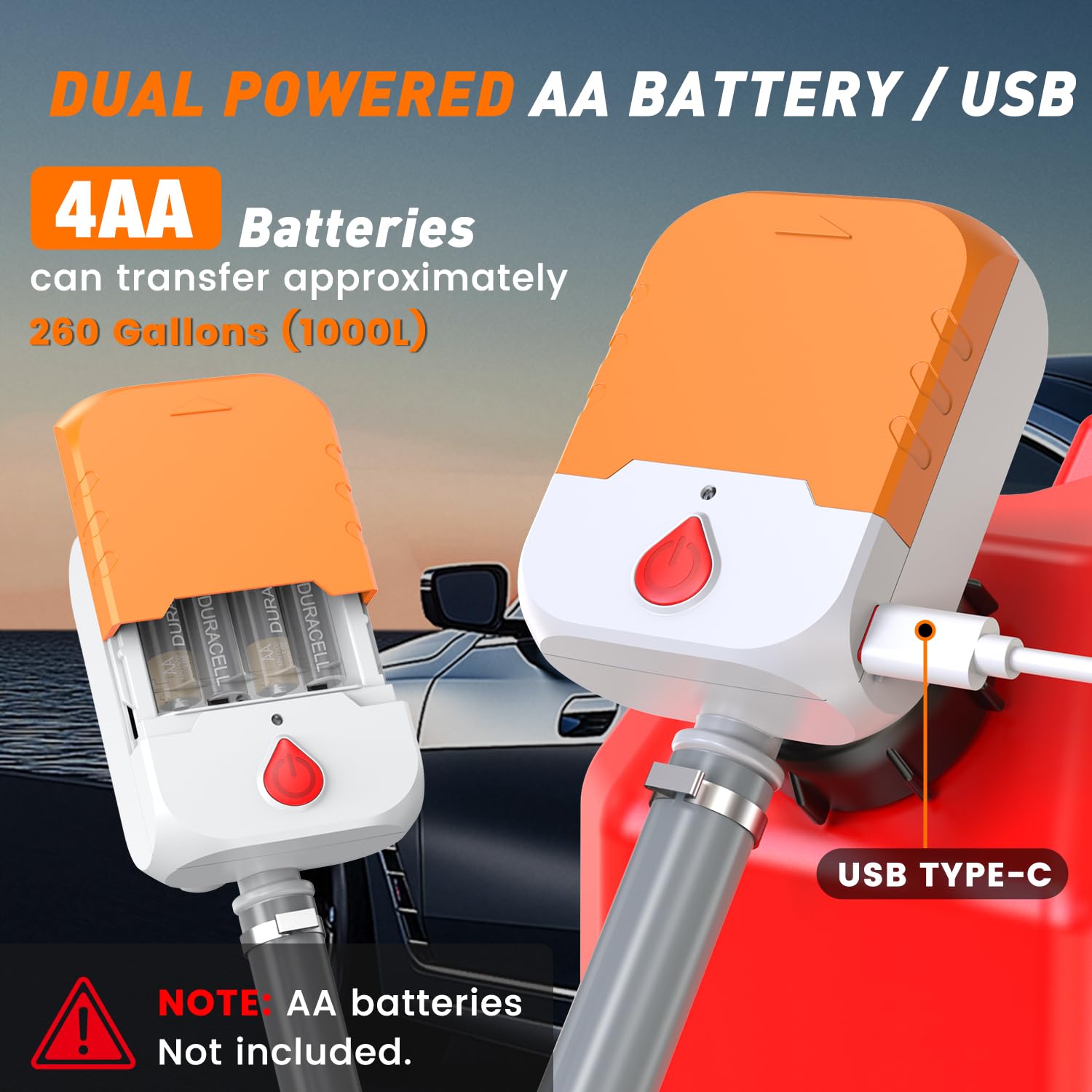 Fuel Transfer Pump with Auto-Stop,3.8 GPM Flow, 51'' Heavy Duty PVC Hose, Battery or USB Powered Gas Can Pump with 4 Can Adapters, No Spill Sensor, Portable Fuel Pump for Oil, Diesel, Gasoline - 5
