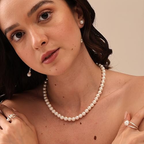 Miniatura 2 de LeCalla 925 Sterling Silver Pearl Necklace Jewelry Strand Wedding Prom Bridal Pearls Jewelry Trendy Hypoallergenic Simulated Pearl Pendant