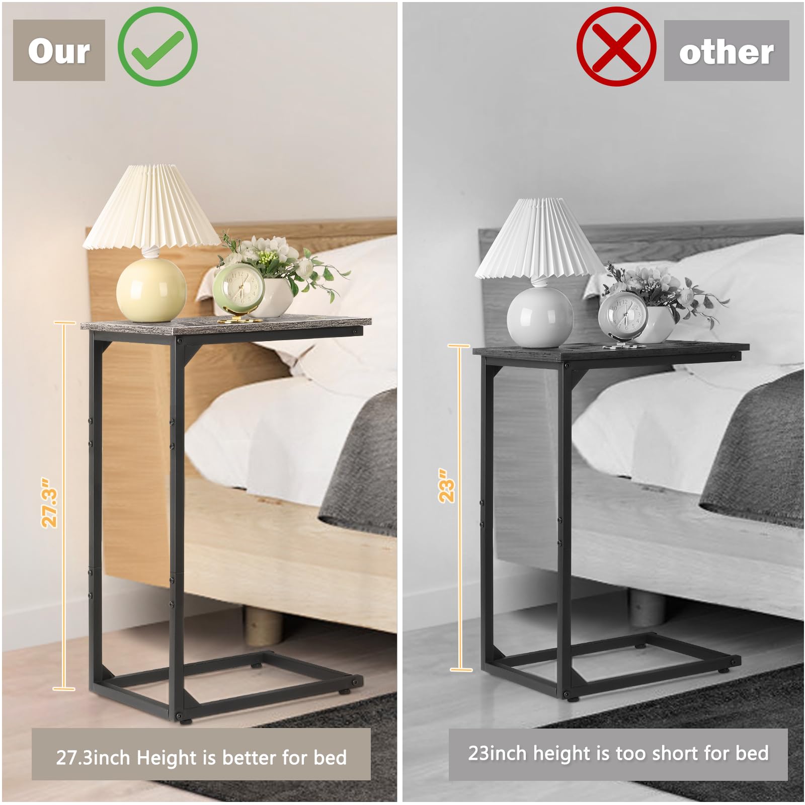 melos C Shaped End Table, Small Side Table for Couch, Sofa Table with Metal Frame for Living Room, Couch Tables That Slide Under for Bedroom Bedside, Grey