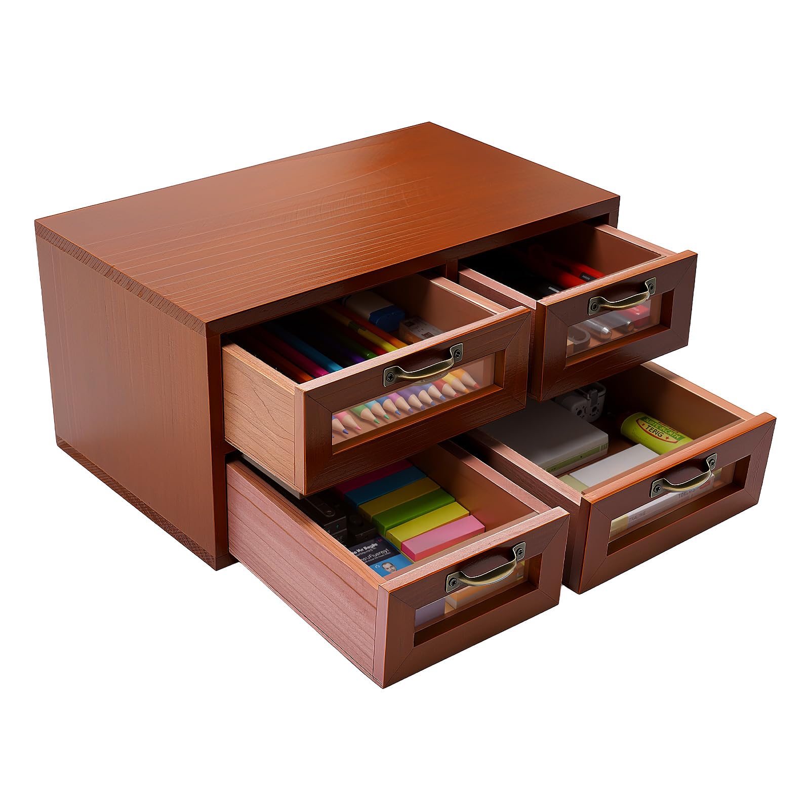 Drewniany organizer na biurko z 4 szufladami, retro, mini komoda