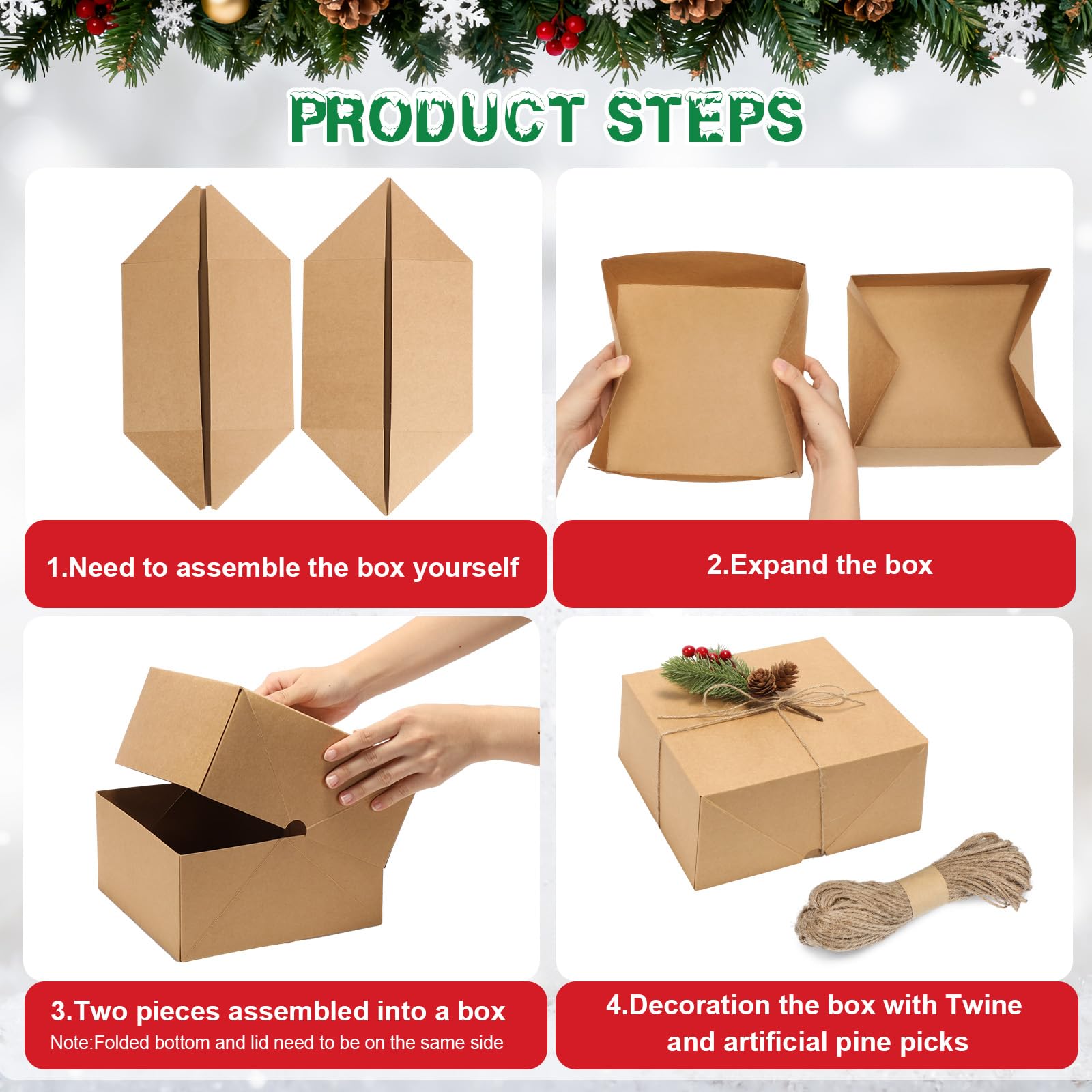 Cholemy Set di 12 scatole regalo di Natale con coperchio, 12 scatole regalo di carta da 20 x 20 x 10 cm, 12 plettri in pino artificiale e 1 rotolo di corda per compleanni, matrimoni, regali