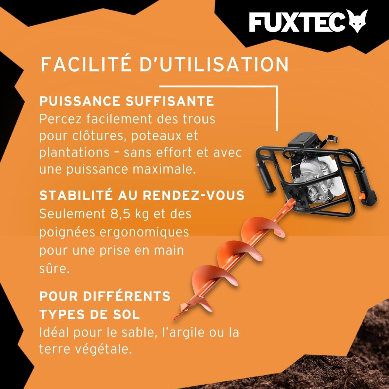 FUXTEC Tarière Thermique FX-EB143ECO - Moteur 2 Temps 42,7cm³ 1,25kW - Idéale pour la Plantation et Clôtures - Réducteur Intégré - Ergonomique & Compact - Forets Ø100/150mm Inclus – Réservoir 1L