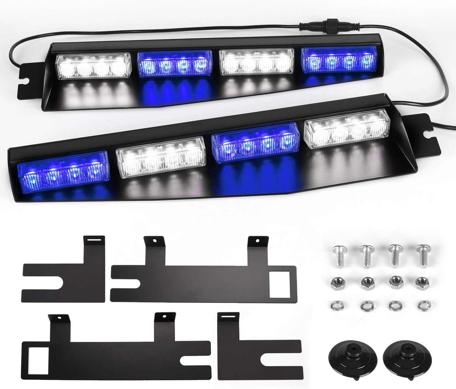 ASPL 32LED Visor Lights 26 Flash Patterns Windshield Emergency Hazard Warning Strobe Beacon Split Mount Deck Dash Lamp With Extend Bracket (Blue/White/Blue/White)