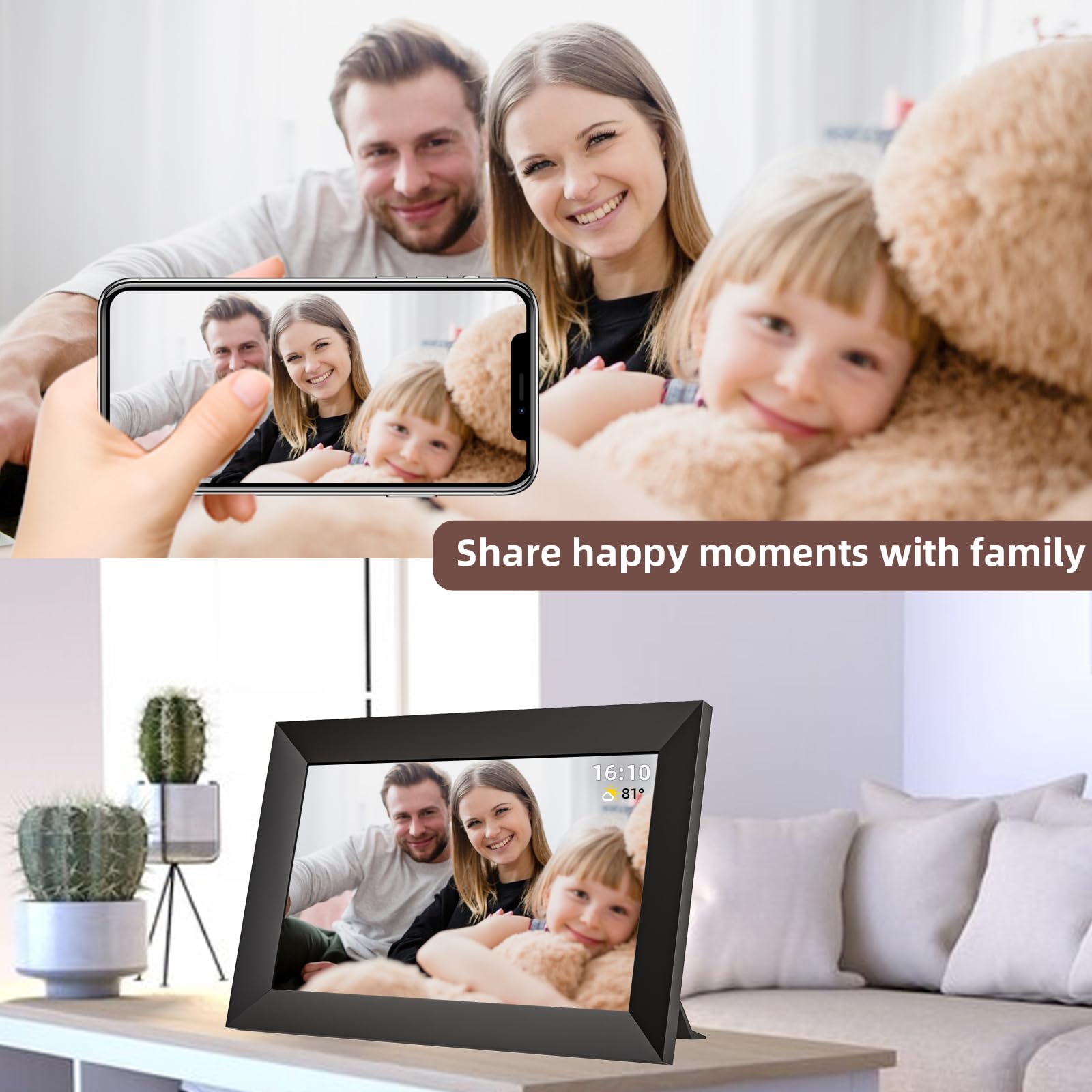 Cadre Photo Numérique WiFi-10,1 Pouces Écran Tactile HD IPS 1280 x 800, Mémoire 32 Go, Rotation Automatique, Montage Mural, Partage Facile de Photos et de Vidéos Instantanément, Frameo