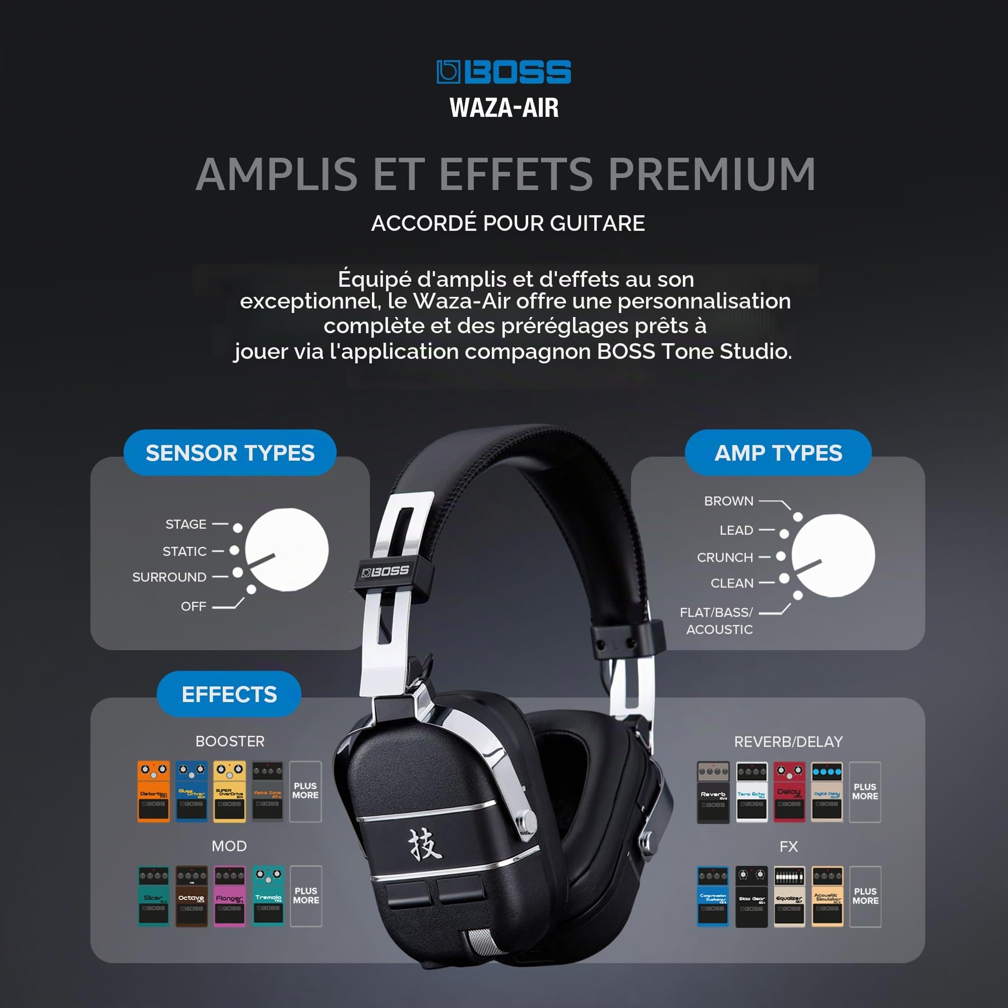 BOSS Système de Casque sans Fil pour Guitare WAZA-AIR, La Technologie de spatialisation évoluée BOSS et Le Gyroscope intégré procurent Un Son de pièce Naturel avec Ambiance 3D
