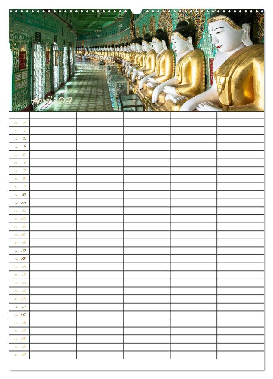 CALVENDO - Goldenes Myanmar - Familienkalender 2027 (Wandkalender 2027 DIN A2 hoch), Monatskalender: Myanmar – das Land der Pagoden, Klöster, Mönche und Buddhas. Dieser Familienplaner bietet Ihnen 5 S