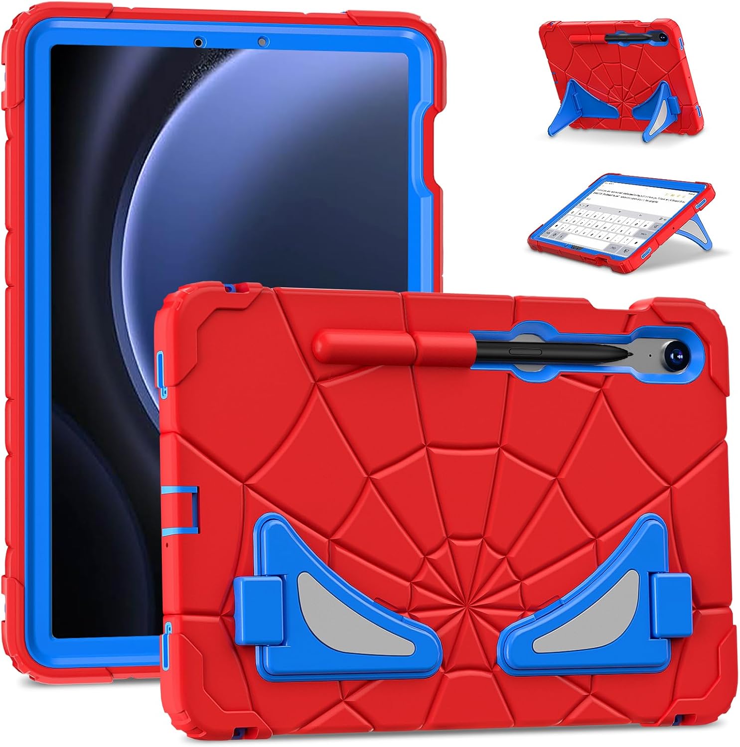 Kids Tablet Case for Samsung Galaxy Tab S7/S8/S9/S9 FE/S10 FE 10.9",Heavy Duty Shockproof Cover with Pencil Holder,Spider Carton Theme Folding Kickstand Case for Children