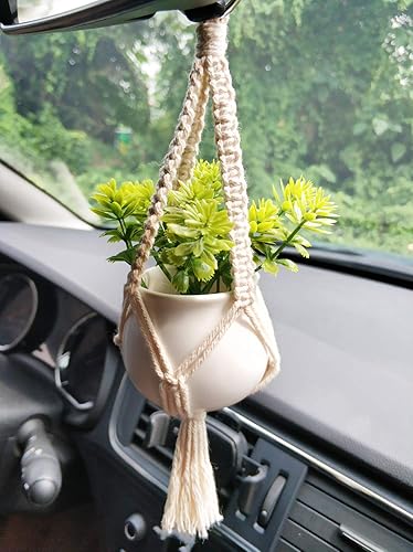 Miniatura 5 de Dahey Mini macramé para plantas de automóvil, accesorios para espejo retrovisor, bonito colgante para decoración de automóvil, colgante bohemio con