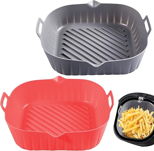 2 forros de silicona para freidora de aire, olla cuadrada reutilizable para freidora de aire de 4 a 7 cuartos (rojo y gris)