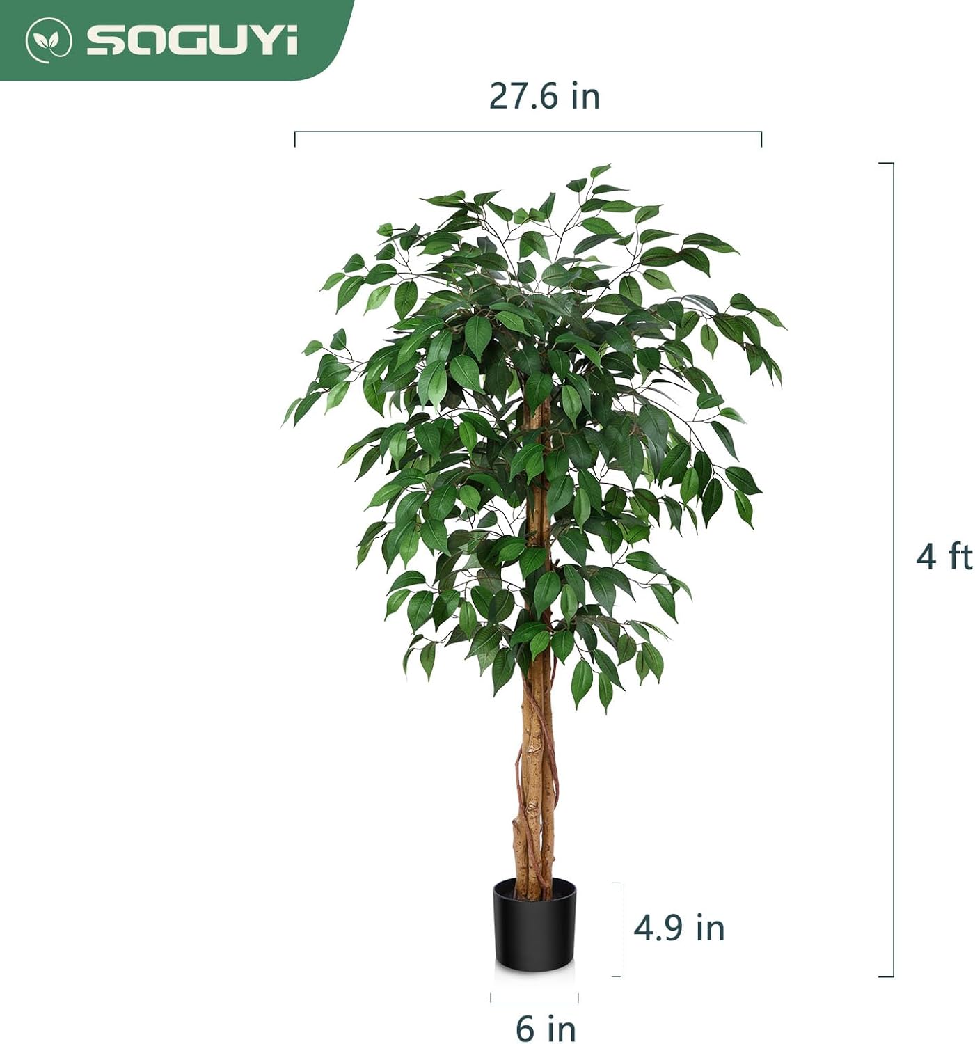 4ft Ficus Artificial Trees with Realistic Leaves and Trunk, Silk Fake Ficus Tree with Plastic Nursery Pot, Faux Ficus Tree for Office Home Farmhouse for Indoor Outdoor Decor(Set of 1)