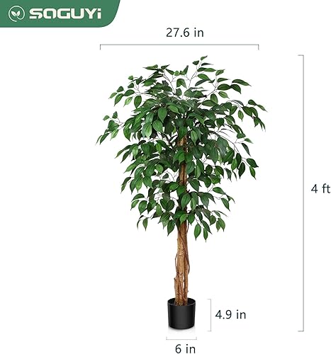 Miniatura 6 de Árboles artificiales de ficus de 4 pies con hojas y tronco realistas, árbol de ficus falso de seda con maceta de plástico, árbol de ficus sintético