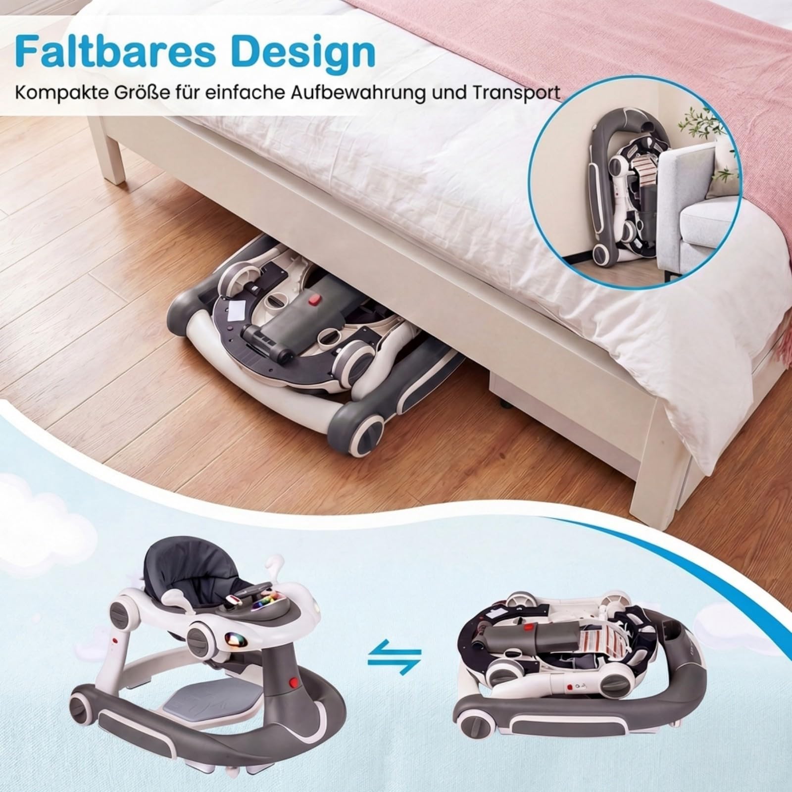 COSTWAY 7 in 1 Lauflernhilfe mit Verdeck, Lauflerwagen mit einstellbarer Höhe & Geschwindigkeit, Baby Walker klappbar mit Spielboard, Musik, Licht & Rädern, Gehfrei Baby ab 6 Monaten (Grau)