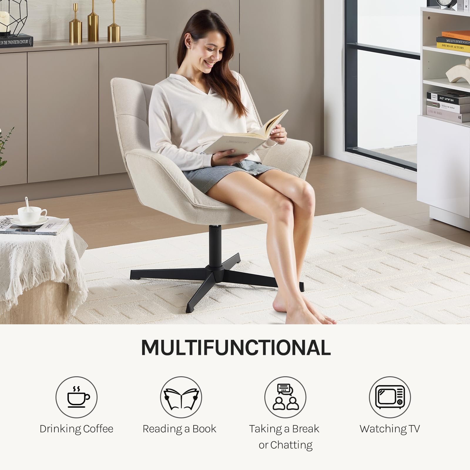 WOLTU Relaxsessel, Sessel 360° drehbar, Ohrensessel gepolstert, Fernsehsessel, Lesesessel, Loungesessel, Wohnzimmer Schlafzimmer, Leinen, Beige