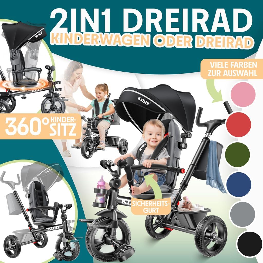 KIDIZ® Dreirad 6in1 Kinderdreirad mit Schubstange Lenkbar ab 9 Monaten bis 25Kg Jogger vorwärts & Rückwärtsfahrt, Korb Tasche Getränkehalter Sonnendach Gummiräder Buggy Fahrrad Baby Klappbar Schwarz