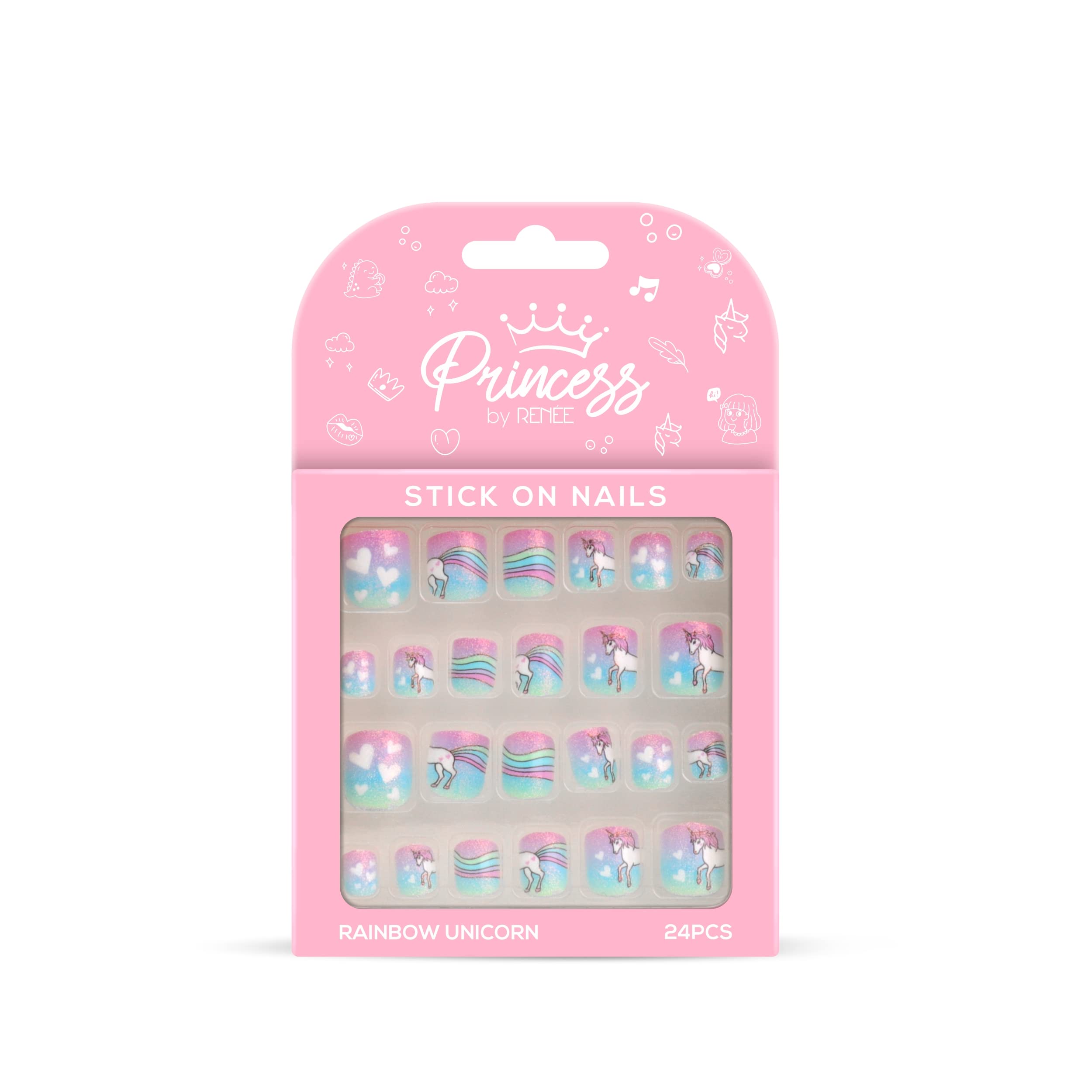 RENEE Princess Stick on Nails Rainbow Unicorn | 24 Reusable Artificial Nail Set | Lightweight, Long Lasting, Easy to Use | Quick Fix for Special Occasions