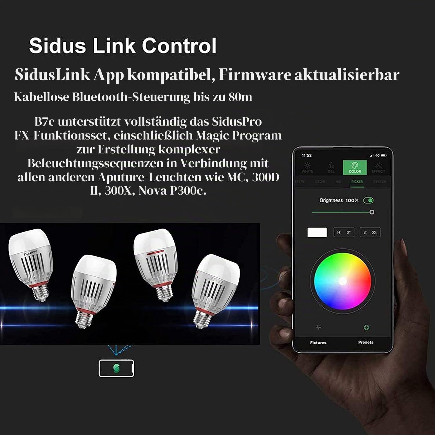 Aputure Accent B7C 7W RGBWW Smart Bulb CCT-Bereich 2.000K-10.000K und Sidus Link App Kompatibel für drahtlose Steuerung und eingebauten Akku