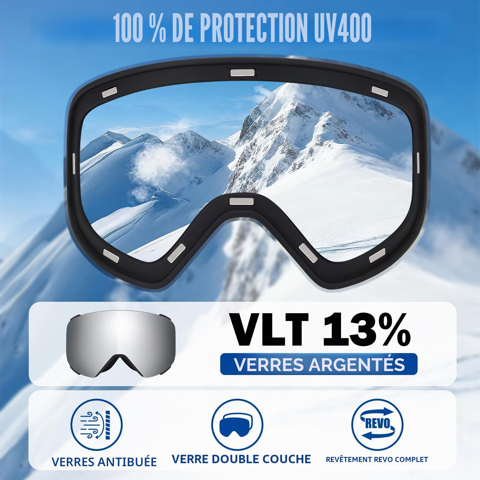 Masque de Ski YH693C avec Magnétique Lentille Interchangeable | Lunettes de Ski OTG pour Unisexes Ajustables Anti-UV Coupe-Vent Anti Buée Lunettes de Snowboard pour Ski