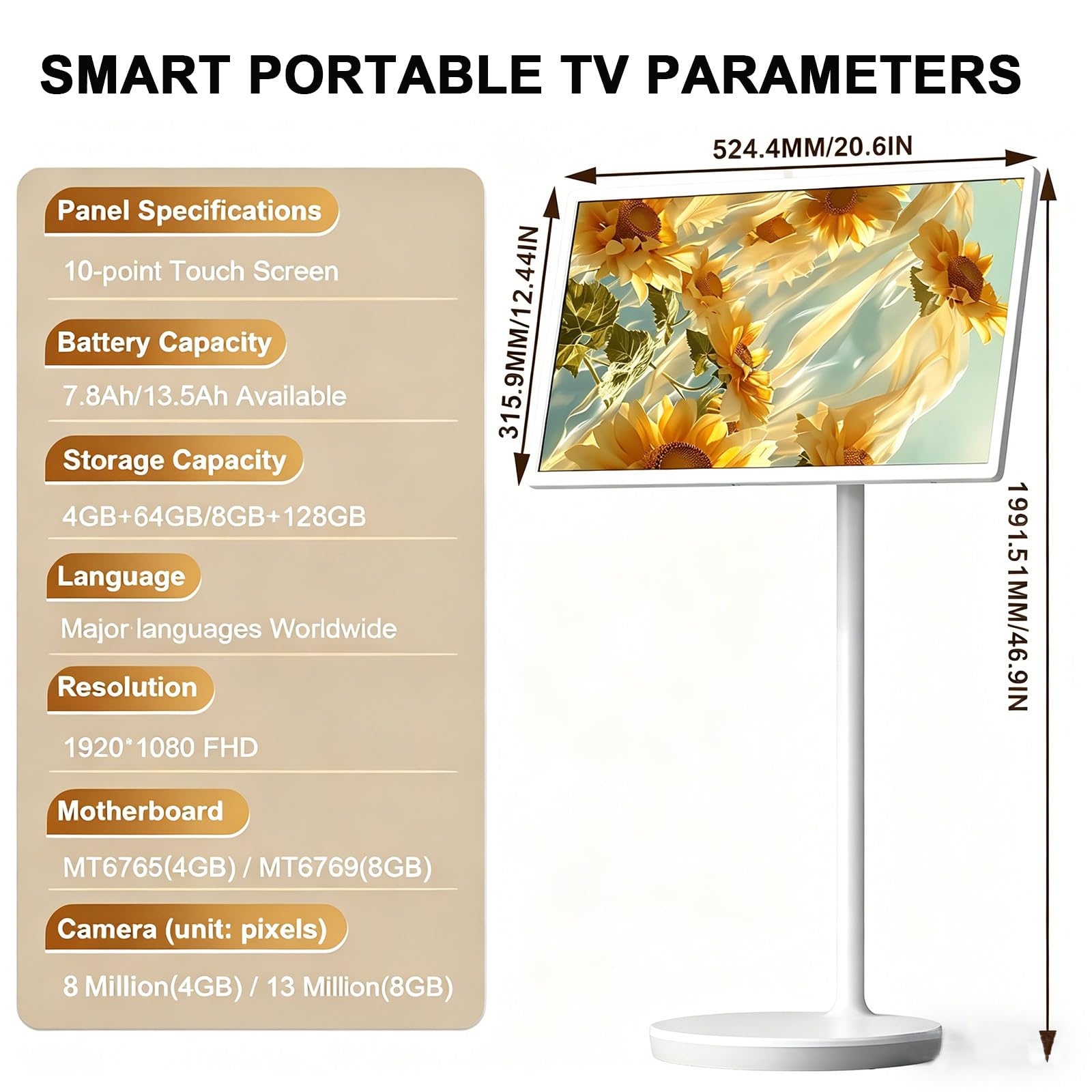 TV Portátil con Ruedas 21.5"/24"/27"/32", Smart TV con Batería, Monitor Táctil Inteligente, Android 13, 4/8 GB + 64/128 GB, Rolling TV para Fitness y Cocina 24in-4+64GB