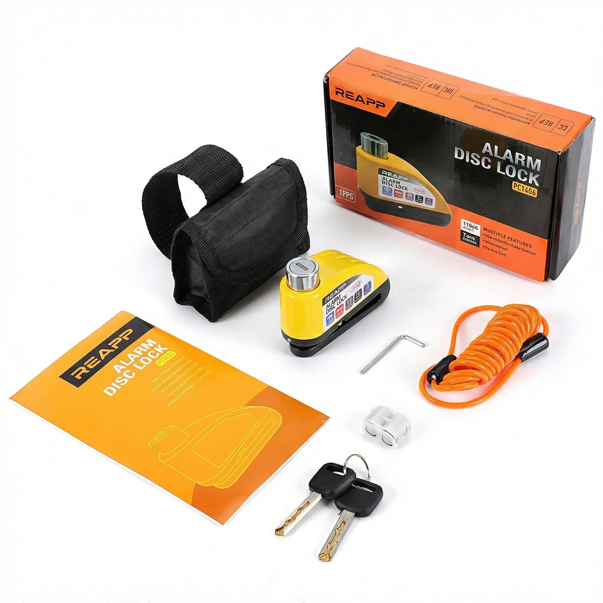 REAPP Antivol Moto Renforcé, Bloque Disque Alarme 110dB, Piles de rechange | Antivol Essentiel, Étanche, Bloc Disque Haute Sécurité, Câble de Rappel 1,5 m et Sac, Compatible Moto/Vélo/Scooter à disque