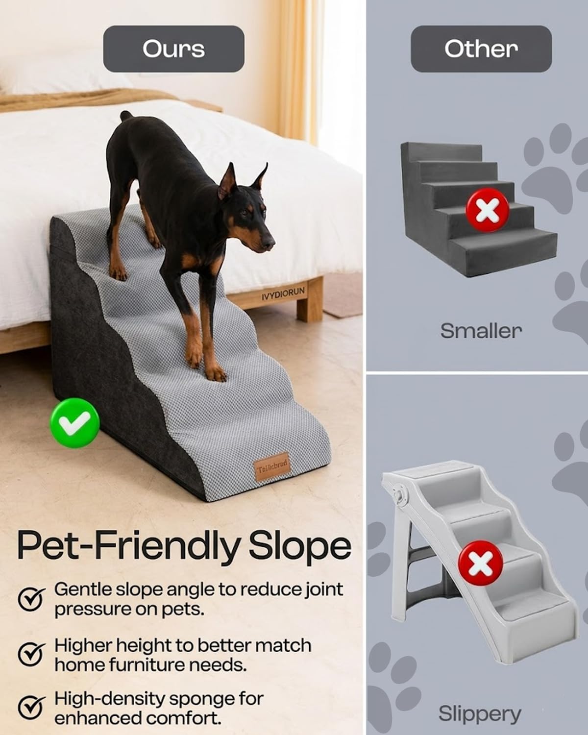 Breiter Hundetreppe 5 Stufen 62cm hoch für Kleine Hunde, Hochdichtem Schaumstoff Haustiertreppe, Waschbarem Bezug und Rutschfestem Boden