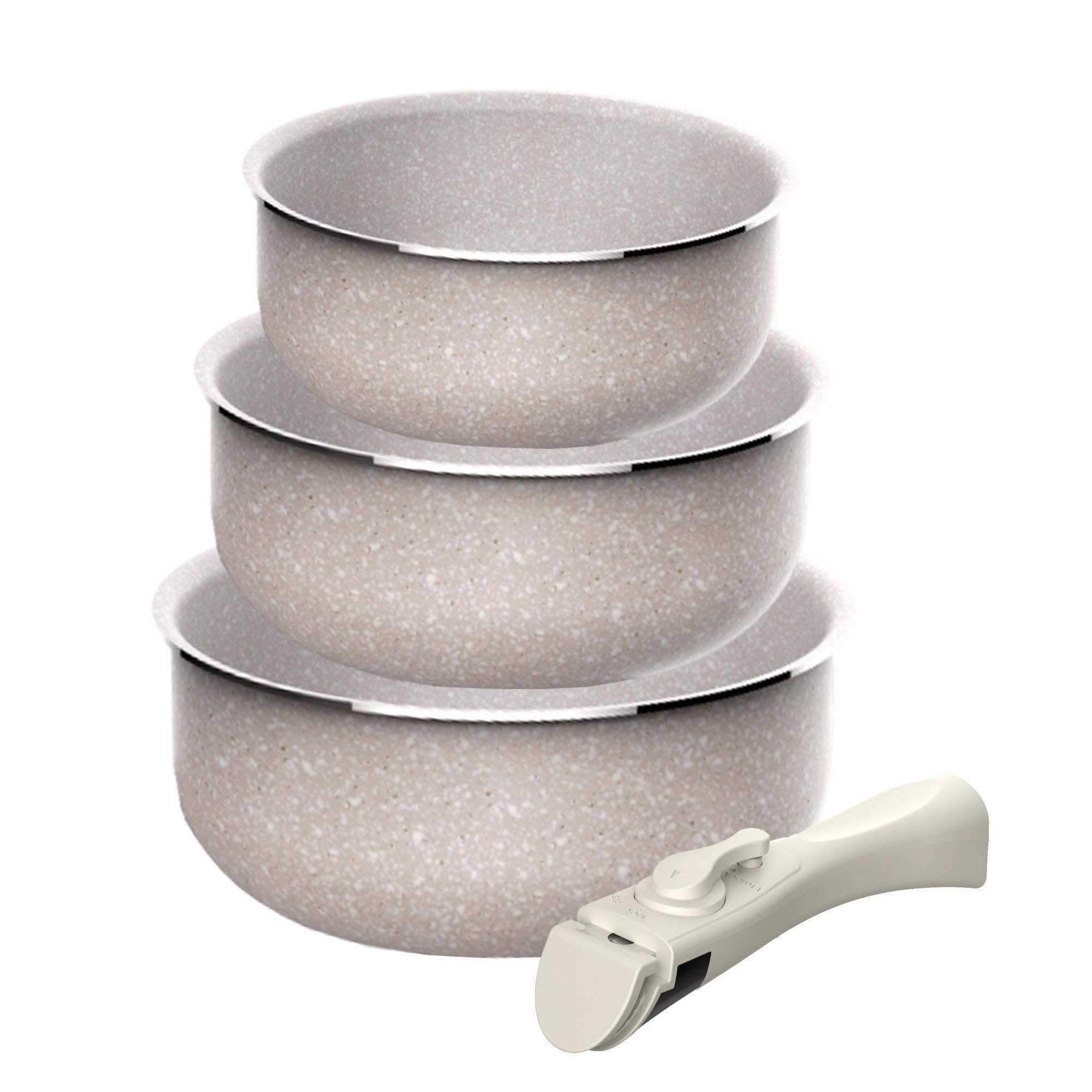 Set of 3 saucepans Ø16Ø18Ø20cm Pressed Aluminium, Non-Stick ILAG Coating, Removable Handle, Induction Safe, PFOA Free, Dishwasher and Oven Safe