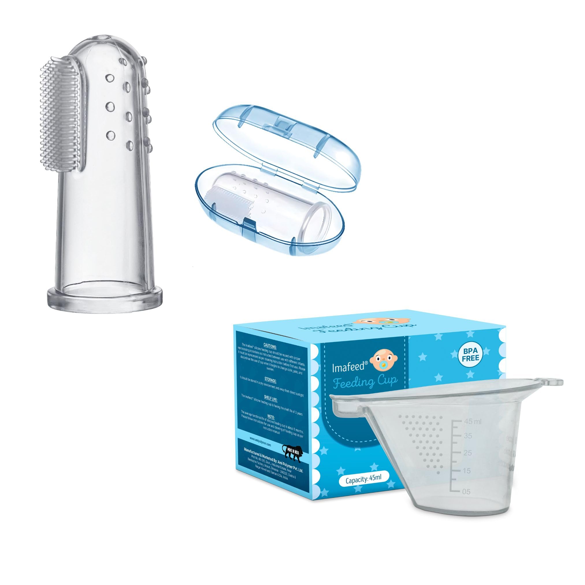 Baby Care Combo | Boilable Reusable Silicone Feeding Cup 45ml with Soft Finger Toothbrush for Newborns and Kids | BPA-Free and Gentle on Gums (Standard, 1, Pack)-image-1