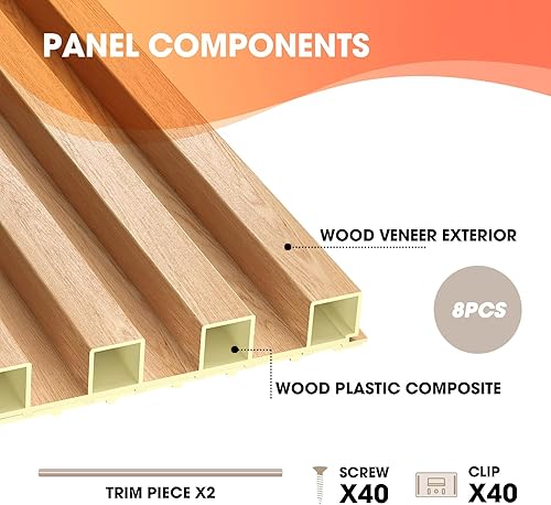 Miniatura 4 de OUZUGIE WPC Paneles de pared acústicos con listones acústicos, paquete de 8 paneles de pared 3D de 96 x 6 pulgadas para decoración de pared