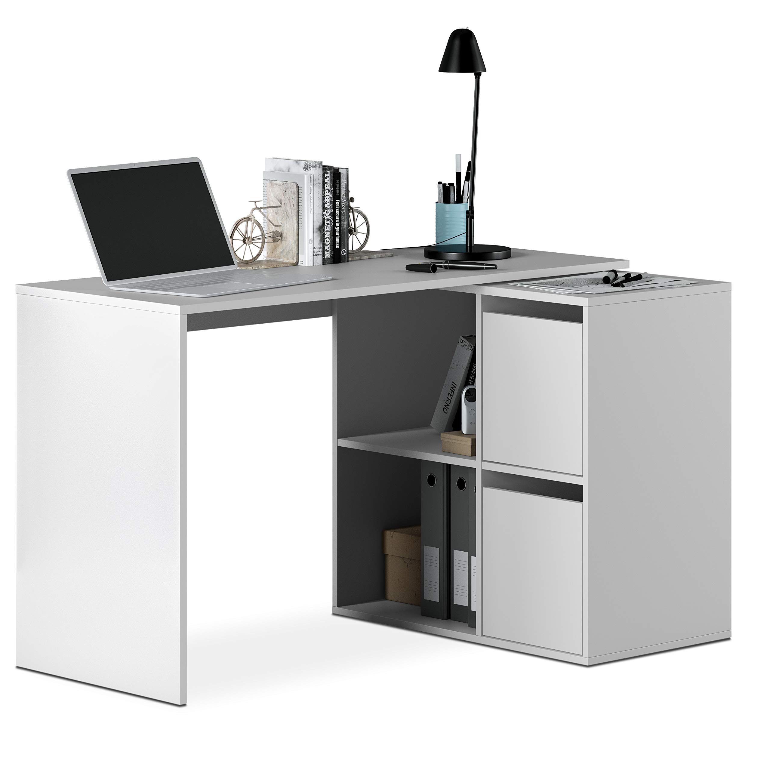 duehome | Escritorio, Mesa despacho Reversible, Mesa multiposición, Estudio, Modelo Spacio, Acabado en Blanco Artik, Medidas: 120 cm (Largo) x 77 cm (Fondo) x 74 cm (Alto)