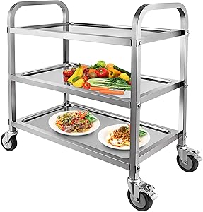 Marada 3 Tier Stainless Steel Utility Cart with Locking Wheels Shelf Kitchen Cart Trolley 30'' L x 16'' W x 33''H Utility Rolling Serving Catering Storage for Kitchen Restaurant Hotels
