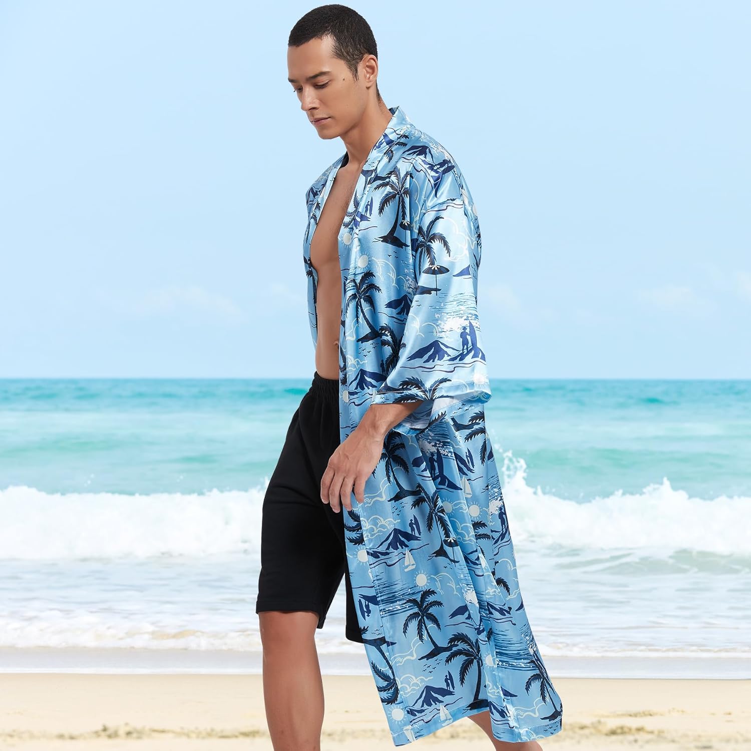 Men's Lightweight Kimono Robe Jacket Printed Japanese Style Bathrobes Casual Open Front Long Cardigan Coat Outwear - Image 4