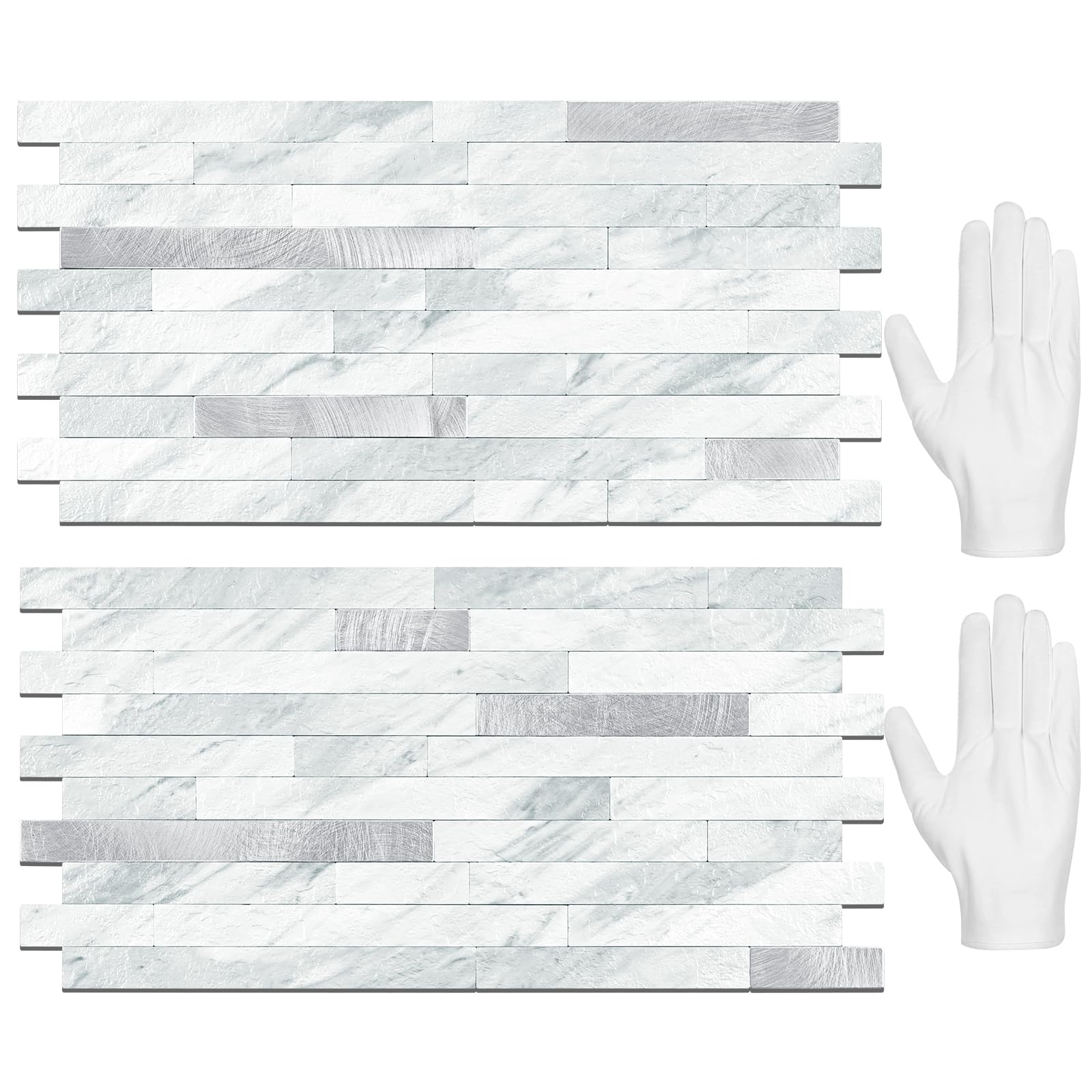 STICKGOO Peel and Stick Backsplash Tile, Volakas White with Silver Metal