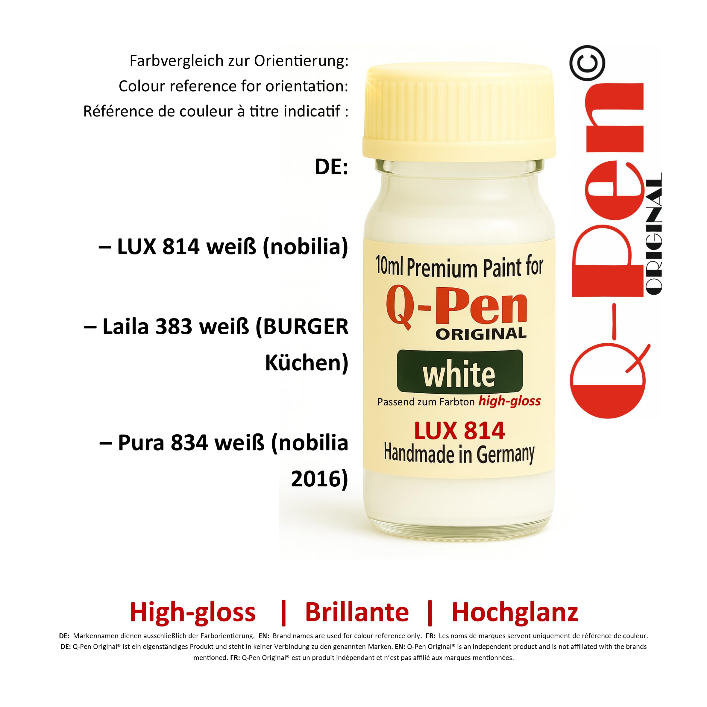 LUX 814 Weiss Hochglanz - Farbanmutung LACKSTIFT – Premium Möbelretusche – 10 ML – Handmade in Germany