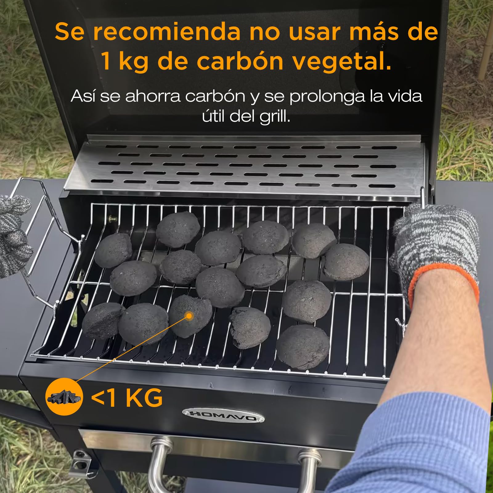 HOMAVO Barbacoa de Carbón, Parrilla con Tapa de Acero de 45×32 cm, Bandeja Ajustable en Altura, Mesa Lateral, Termómetro — view 3